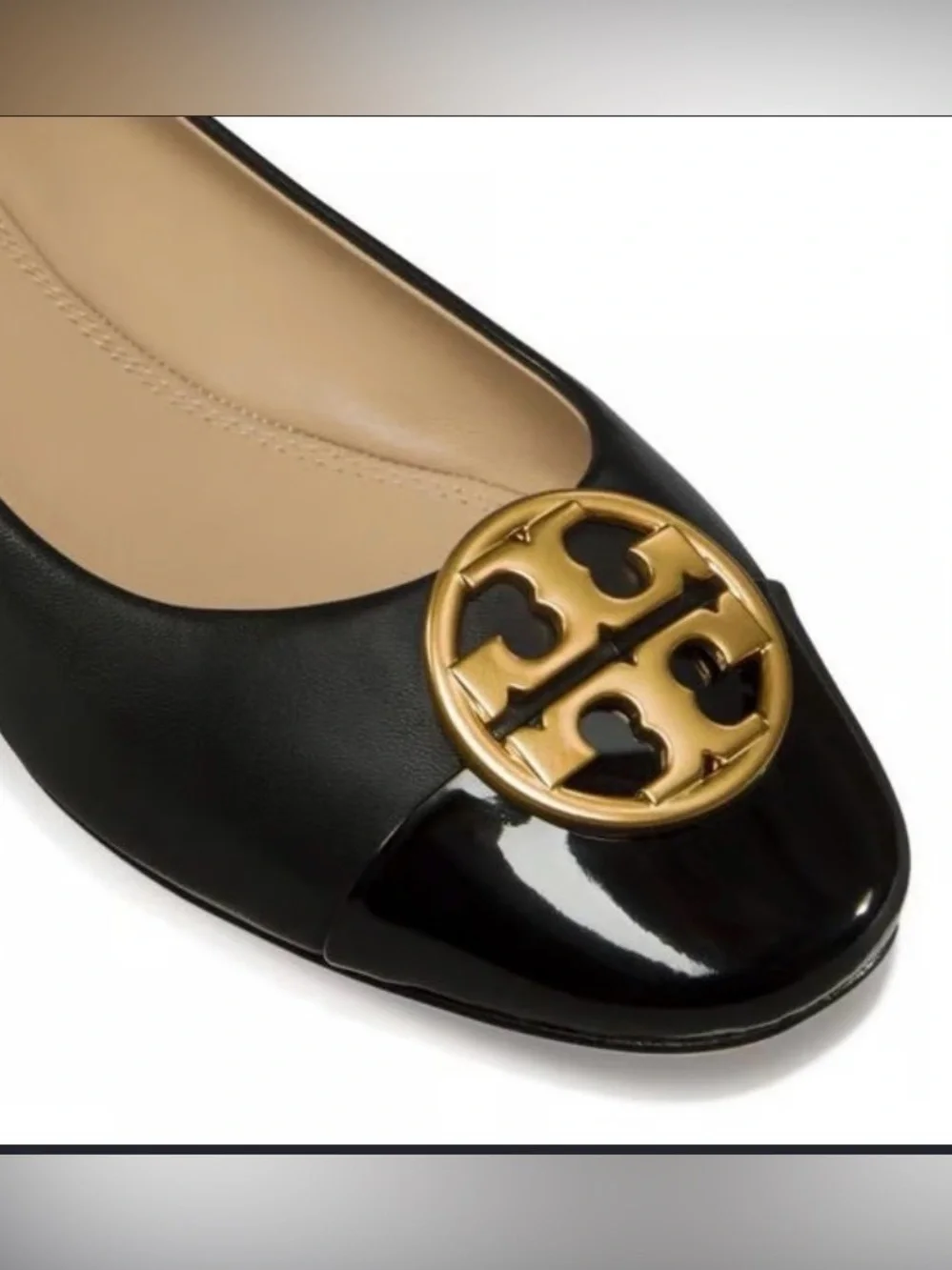 Tory Burch Chelsea Leather Gold Tone Patent Logo cap - toe flat shoes black 7.5